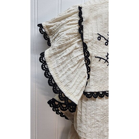 Vintage-Inspired Cream & Black Embroidered Ruffle Sleeve Blouse By Mine - Picture 7 of 16
